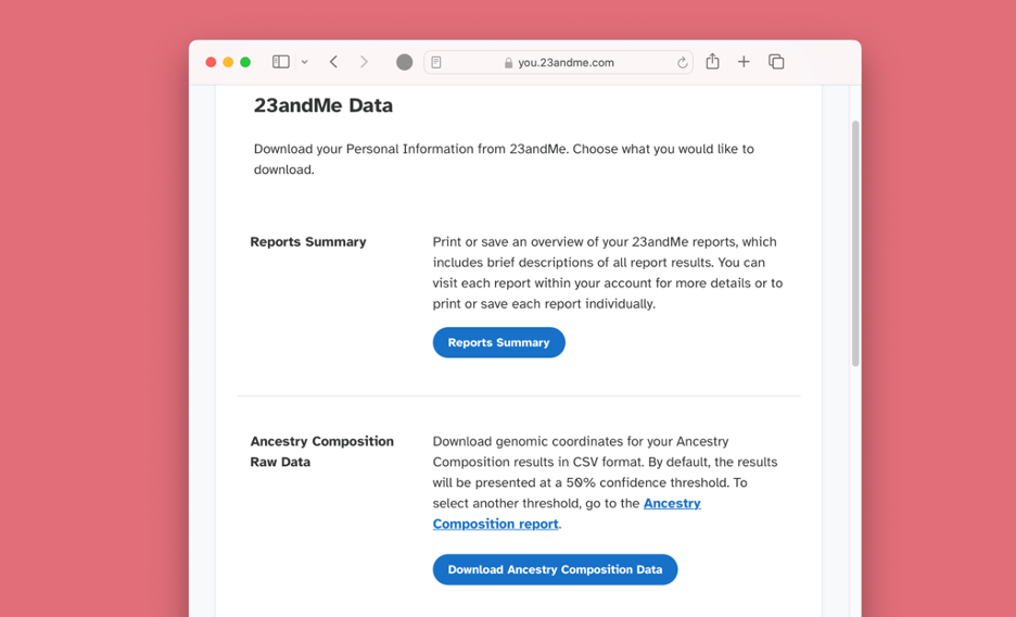 screenshot of 23andme data delete page