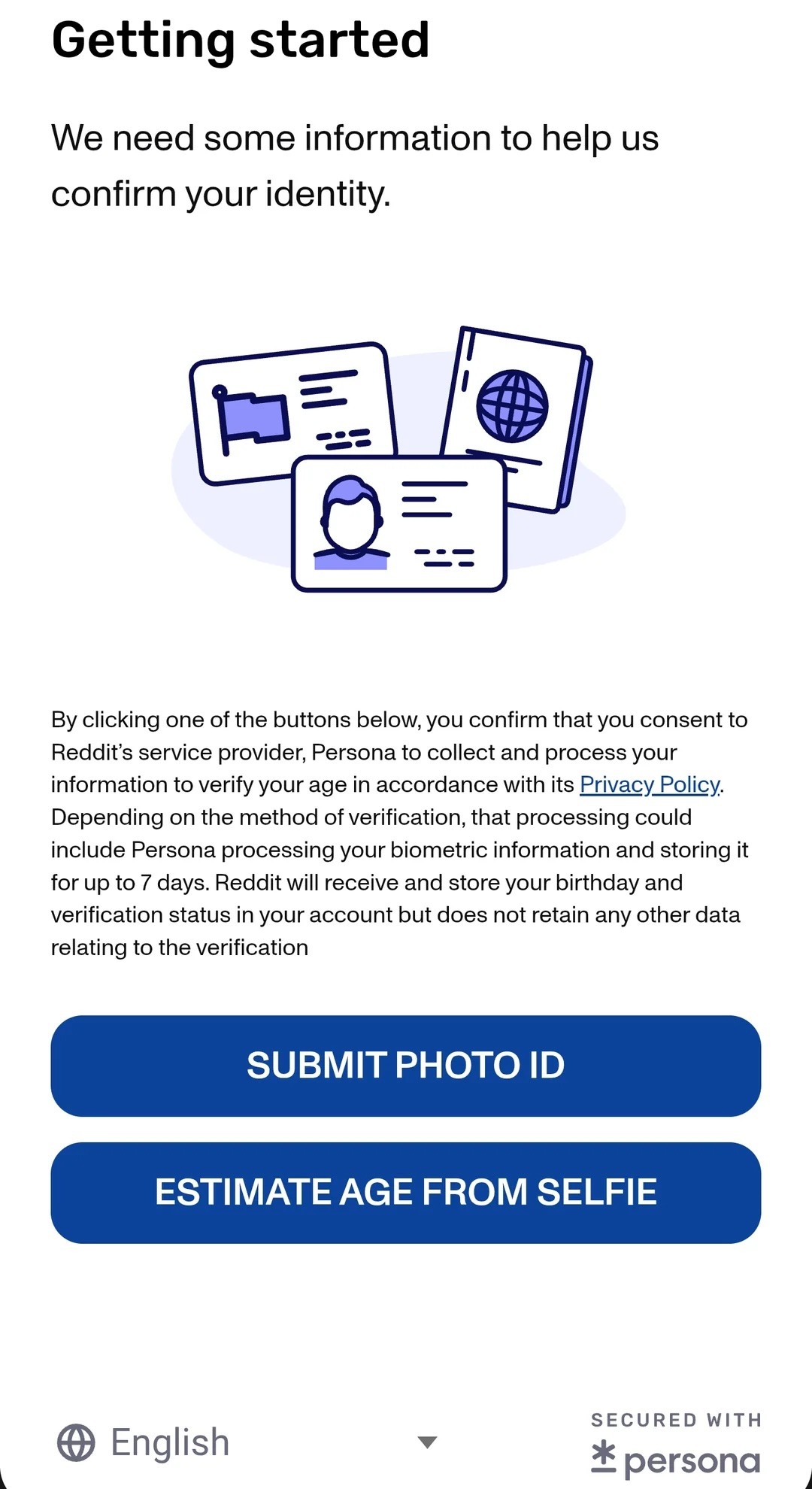  "SUBMIT PHOTO ID" or "ESTIMATE AGE FROM SELFIE."