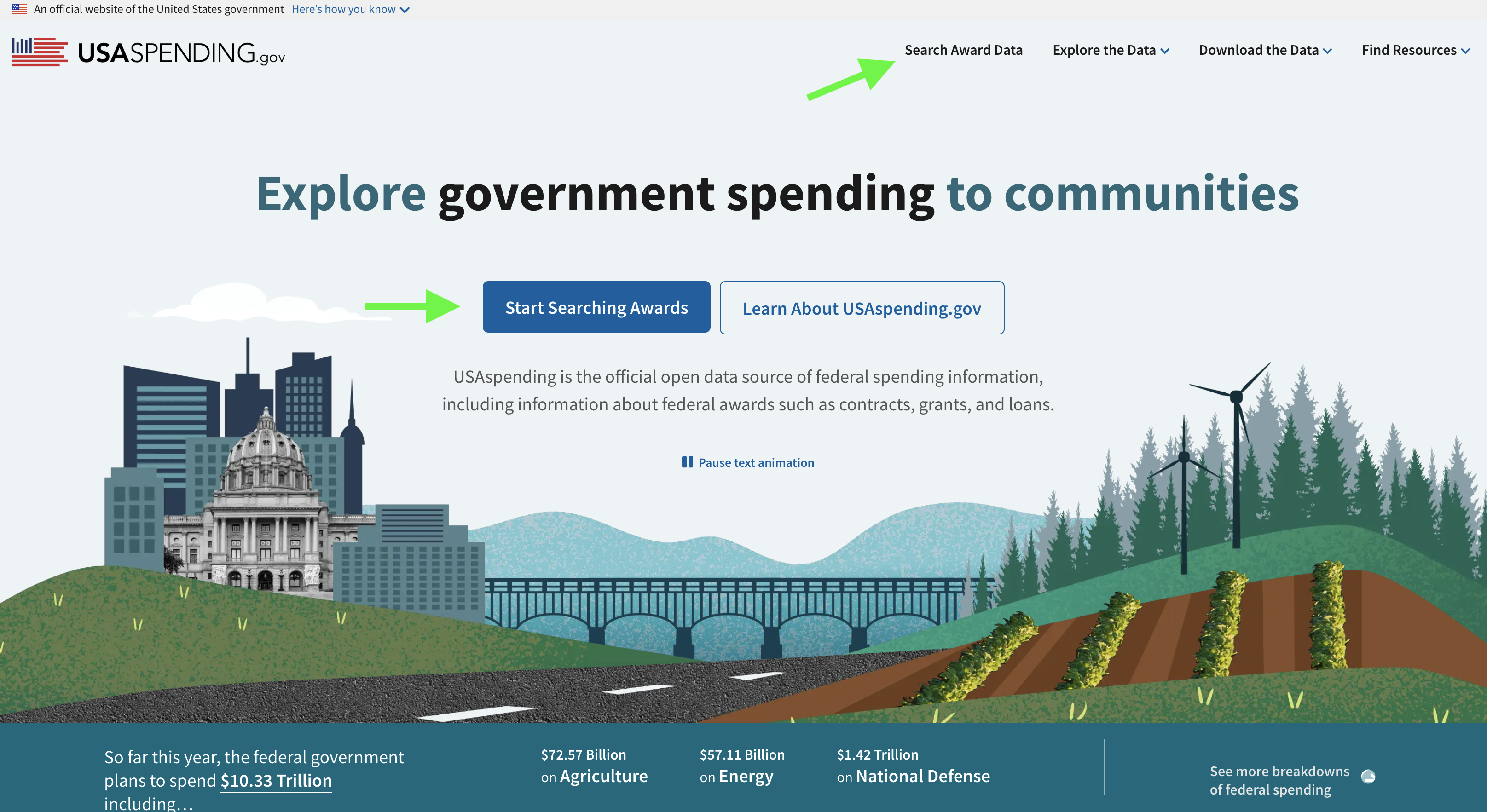 The landing page of USA Spending with arrows pointing to the search links.